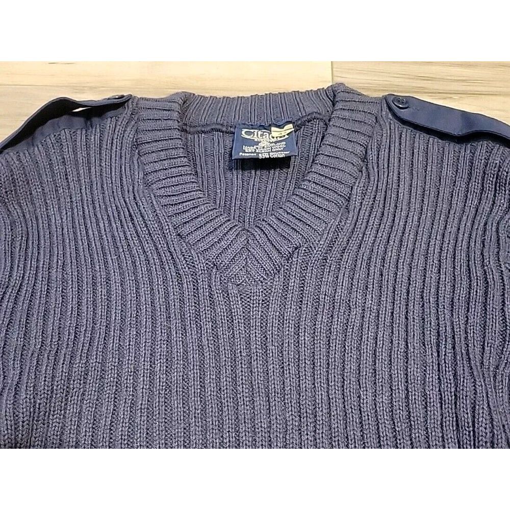 Vintage Citadel Sweater Adult 35 Blue  Wool V-Neck Long Sleeve Elbow Pads‎